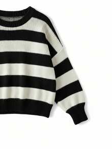 1 pieza Jersey de punto a rayas para niñas, parte superior de manga larga versátil, de moda para niñas pequeñas en otoño/invierno - Negro - Ver 4