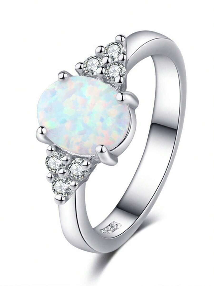 925 Sterling Silver Fire Opal Ring Engagement Promise Ring For Women Jewelry Gift - A - View 1