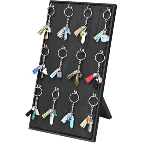 Wooden Earring DisplayJewelry Display Stand With 12 Hooks Keychain Display Stand For Necklaces Earrings Rings Bracelets Pocket Watches Keychains Black
