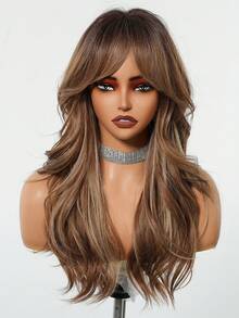 24 Inch Long Wavy Dark Brown Wig With Bangs Light Highlights Synthetic Wig, Natural-Looking Hairpiece For Women Perfect Daily Wear, Party & Fashion Styling - Màu nâu ombre - Xem 5