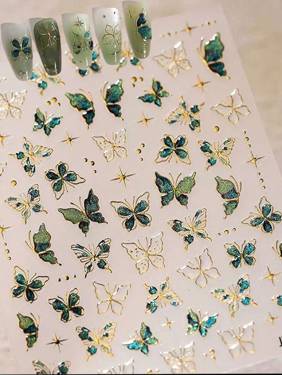 1片5D蝴蝶金属绿美甲贴纸，彩色蓬松贝壳轻盈蝴蝶高品质美甲贴纸，春季美甲贴纸设计，美甲 - 圣诞礼物送给女性，新年快乐美甲用品（1片）