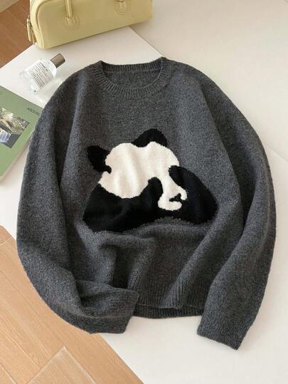 1pc Cartoon Panda Contrast Color Crew Neck Jacquard Design Cute Sweater, Loose Fit Minimalist Adorable Knit Pullover