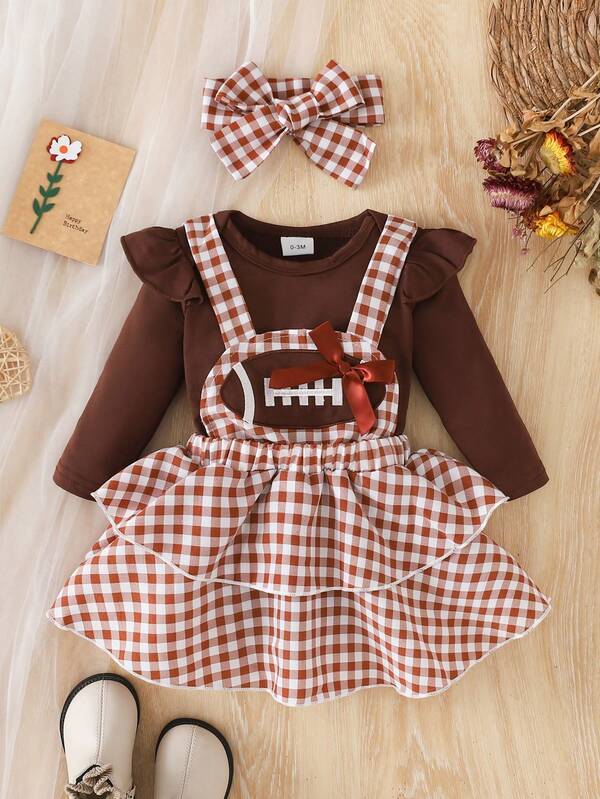 3pcs Set: Brown Plaid Bow Scrunchie, Brown Solid Ruffle Sleeve Romper, And Brown Plaid Embroidered Cake Skirt Dress