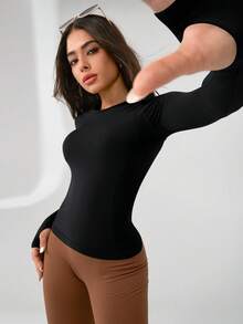 Leorrey 1 件女士舒适休闲无缝高端时尚纯色圆领修身健身跑步瑜伽长袖运动 T 恤 - 黑色 - 查看 4