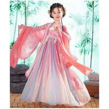 Summer Tang Girls Dresses Cosplay Perform Baby Hanfu Vestidos Party Long Chinese Dress Girl Costume Kids Clothes Children Outfit - 1-紅色兔毛外套 - 查看 6