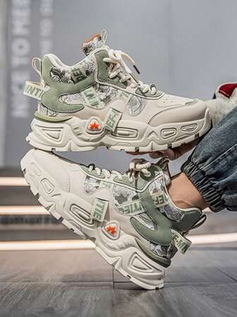 Men's Thick Sole High-Top Casual Sneakers, Lace-Up Contrast Color Increased Height Chunky Sneakers, Retro Durable Breathable Running Shoes For Outdoor, Autumn/Winter