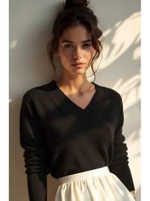 Women's Sweater With Collar, Blouse, Elastane, Simple, Polyester, V-Neck, Formal And Evening, Winter - Black - View 5