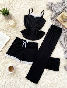 Women's 3-Piece Trio Pajama Set: Tank Top, Shorts, And Pants. Comfortable Ribbed Fabric. - 黑色 - 查看 2