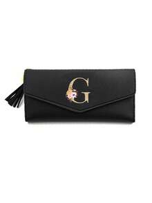 1 Pieza Cartera plegable de mujer de cuero PU negro con iniciales florales doradas A-Z, monedero lindo para niñas, cartera de moda para mujer con tarjetero mini y borla, impermeable, portátil, gran capacidad para tarjetas de crédito y efectivo, adecuada para negocios, casual, regalo de cumpleaños, regalo del Día del Maestro, regalo de Navidad.