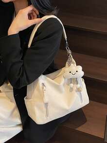 This Stylish And Minimalist Shoulder Bag Is Made Of PU Fabric And Features A Vertical Zipper And Decorative Charm. Its Fashionable And Simple Design Makes It Perfect For College Students, Commuters, Women, And Shopping Occasions. - Beige - View 5