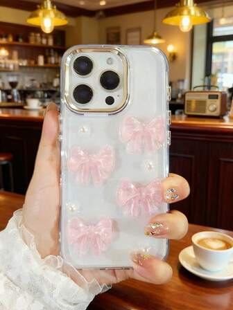 1pc Resin Cute Bow Pearl White Glitter Phone Case, Suitable For IPhone 17/17 Air/16/16e/15/14/13/12/12 Mini/11 Mini/11/7/8, Transparent Kawaii Soft Protective Cover, Lolita Style