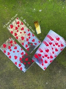 50pcs Red Heart LOVE Printed Gift Packaging Flat Bags, Paired With Gold Tie Strings, Valentine's Day Heart Transparent Gift Decoration OPP Bags, Suitable For Wedding, Lover, Couple Gifts, Theme Party Decor - Red - View 2