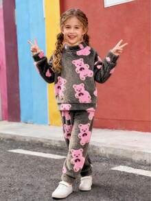 2件套小女孩熊毛绒长袖上衣和裤子套装，秋冬