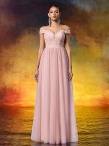 Women's Embroidered One-Shoulder Evening Dress, Elegant Formal Gown Suitable For Formal Dinners, Birthday Parties, Celebrations And Other Occasions - Dusty Pink - View 4