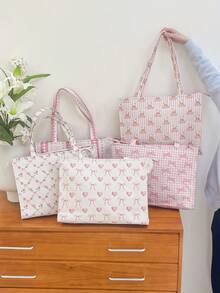 1 Stück rosa Schleife Blumen elegante lässige gesteppte Umhängetasche, große Kapazität Einkaufstasche, geeignet für Arbeitsweg, Reise und Urlaubsutensilien, kann Handy, Geldbörse, Binden, Schlüssel, Notizbuch, Kopfhörer, Ladegerät, Lippenstift, Parfüm, Pflegeprodukte aufnehmen, Geschenk für Freunde - Verschiedenfarbig - Übersicht 4