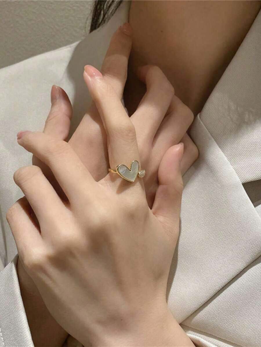 1件高端新款銅製心形微鑲戒指,女款時尚奢華設計,可調節開口,適合情人節、媽媽、母親節 - 白色 - 查看 1