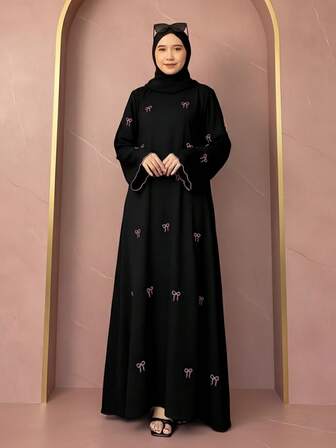 OENY | 优雅女士长款雪纺卡夫坦连衣裙，长袖，饰以精致蝴蝶结刺绣，休闲圆领款式