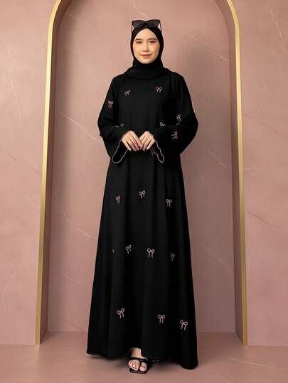 OENY | เดรสยาวผ้าชีฟองคาฟตันสำหรับผู้หญิงสง่างาม แขนยาว ประดับด้วยงานปักโบว์อย่างประณีต สไตล์คอกลมลำลอง