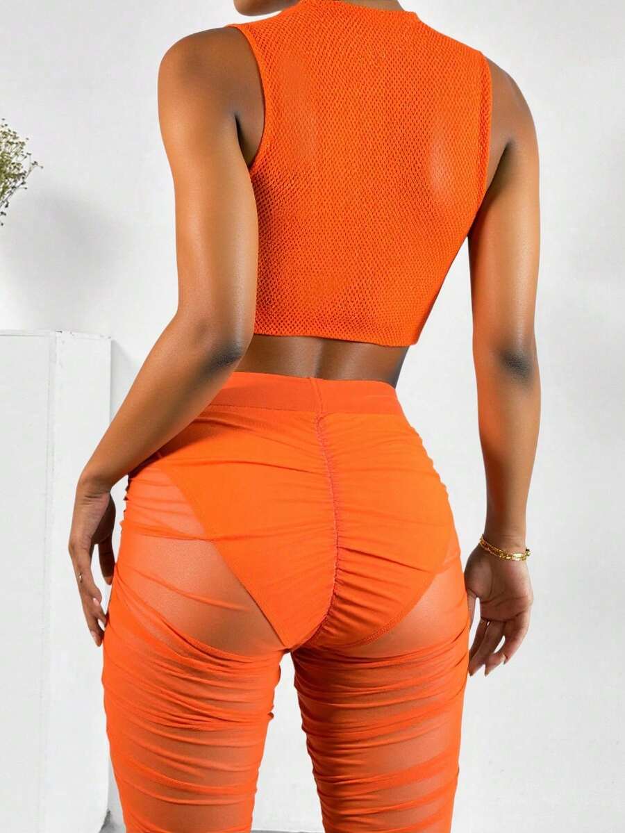Conjunto set dama mujer deportivo 2 Piezas top corto botones costados abiertos biker fruncido - Naranja - Ver 1