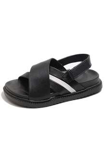 1 par de sandalias planas casuales cómodas y transpirables con tiras cruzadas de color contrastante negro y blanco para niños, adecuadas para la escuela, uso diario y verano - Blanco y Negro - Ver 5