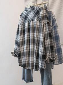 一件格子梭织面料前扣口袋长袖翻领衬衫，优雅休闲百搭，适合日常、上学、四季穿着，黑色春季款 - 黑色 - 查看 4