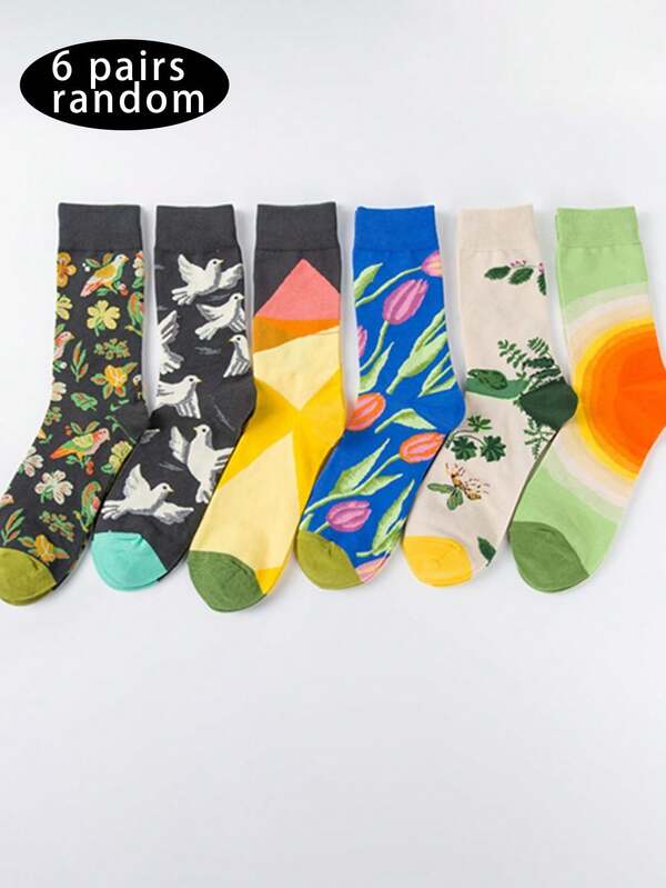 6 Pares de Meias Unissex Cano Médio, Meias Cano Médio Estilo Casal, Meias Casuais Coloridas e Estampadas com Flores na Moda