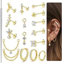 17Pcs 16G/18G/20G Threadless Flat Back Earrings 316L Surgical Steel Cartilage Earring Stacks Flatback Push In Nose Rings Studs Hypoallergenic Tragus Helix Conch Labret Medusa Piercing Jewelry - Style1-Gold - 查看 8