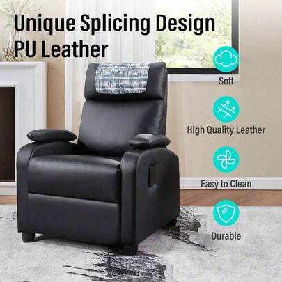 Black PU Faux Leather Recliner Chair - Glam Modern Push Back Chair With Cup Holder, Adjustable Footrest & Ergonomic Lumbar Support, Easy Clean Sturdy Comfort Chair For Living Room Home Theater Bedroom