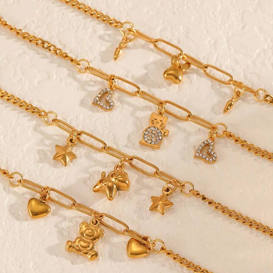 1条高品质不锈钢手链，配有可爱的熊形吊坠，18K镀金，动物造型手链，男女皆宜，适合日常佩戴、派对等场合，是馈赠佳品。 - 金色 - 查看 1