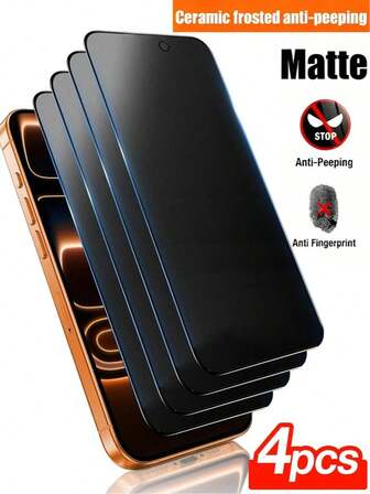 4 PIEZAS Protector de pantalla de vidrio mate cerámico para iPhone, dureza 9H, anti espionaje, anti huellas dactilares, resistente a los arañazos, compatible con iPhone 16e/16/15/14/13/12Pro/Pro Max. Protector de pantalla esencial para privacidad diaria, oficina y hogar. Accesorios de protección de pantalla de teléfono a prueba de agua y golpes.