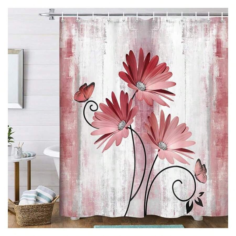 Rustic Farmhouse Shower Curtain, Farm Red Daisy Floral Flowers And Butterfly, Light Burgundy Gray Shower Curtain With 12PCS Hooks, 60X70 - 多色560 - 查看 1