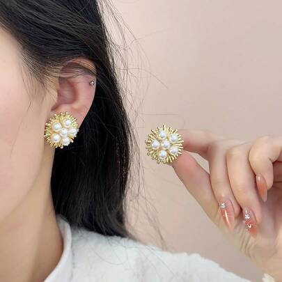 1 Pair Exaggerated Versatile Asymmetrical Geometric Earrings, High-End Niche Faux Pearl Earrings