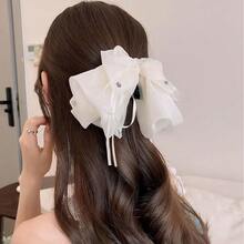 Large Chiffon Silk Hair Bow For Women Mesh Big Bows Hair Clips With Pearls Crystal Tulle Hair Barrettes Long Tail Bowknot Hair Accessories (Crystal White)CrystalWhite - 水晶白 - 查看 7