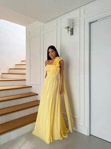 Long, Non-Sparkly Chiffon Party Dress For Bridesmaid, Graduation, Wedding, Or Floral Dress. - 黃色 - 查看 5