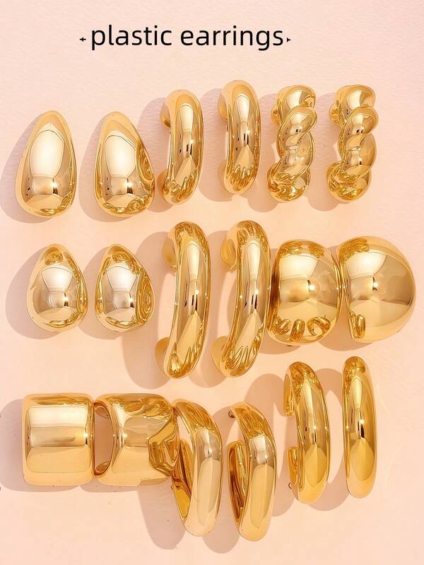 6pcs/18pcs Metallic Shiny C-Shape Hoop Earrings Set, Exaggerated Big Stud Earrings For Women, Daily Wear