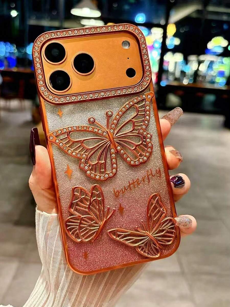 Premium Gradient Glitter Electroplated 3D Rhinestone Butterfly Full Coverage Anti-Drop Phone Case, Compatible With IPhone 16 Pro Max, 17/17 Pro/17 Pro Max - Coral Orange - View 1