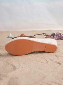 Women's Brown Leather Hollow-Out Breathable Fashion Casual Vacation Woven Straw Rope Platform Wedge Sandals - Brown - View 2