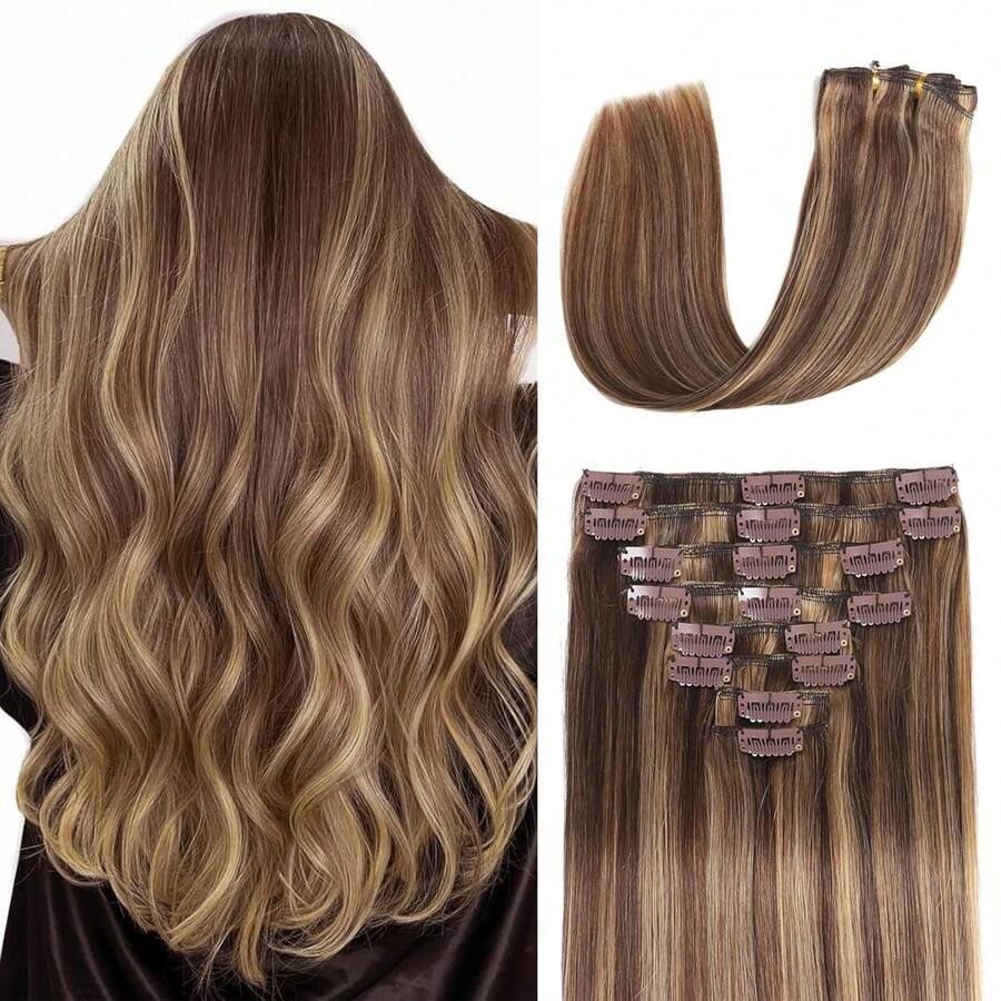 Clip In Hair Extensions Real Human Hair 100% Remy Human Hair Seamless Invisible Clip On Hair Extensions For Women Double Weft 8pcs 18 Inch #4/27 Chocolate Brown Highlight Honey Blonde - S4/27 - View 1