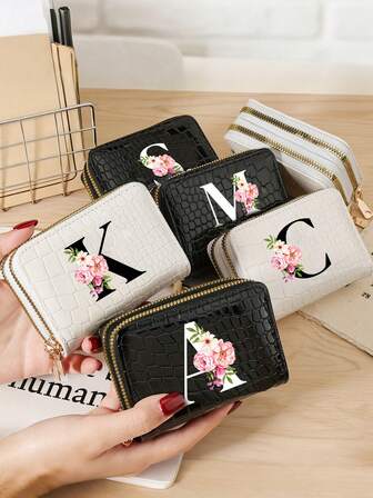 ダブルジップ ブラック&ホワイト デュアルカラー 財布 – ポータブル、PUレザー素材、ピンクのカニ柄プリント、Apple Flower ブラック&ホワイトのイニシャルA-Z対応、クレジットカード収納、レディース用レザー財布