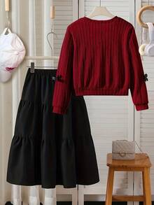 Tween Girls' Clothes, Fashionable Cute Delicate Bow-Tie Top With Half Skirt Suit, Casual Elegant Fashion - Suitable For Spring And Autumn. - Burgundy - View 2