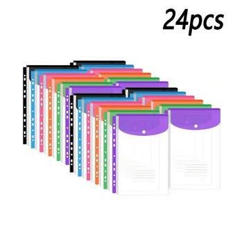 24pcs, Vertical Document Bag. 11-Hole Ring Binder With Label Pocket And Snap Closure, Suitable For Home Office Document Organization And Storage.