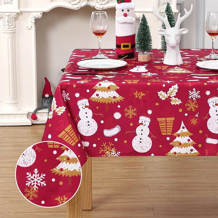 Weihnachtstischdecke, Waschbar, Knitterfrei, Tischdecke, dekorative Tischdecke, mit Schneemann,Hirsch,Weihnachtsbaum, knitterfreie,Tischset für Partys, Essen, Bankett im Freien - Schneemann 140x140cm - Übersicht 1