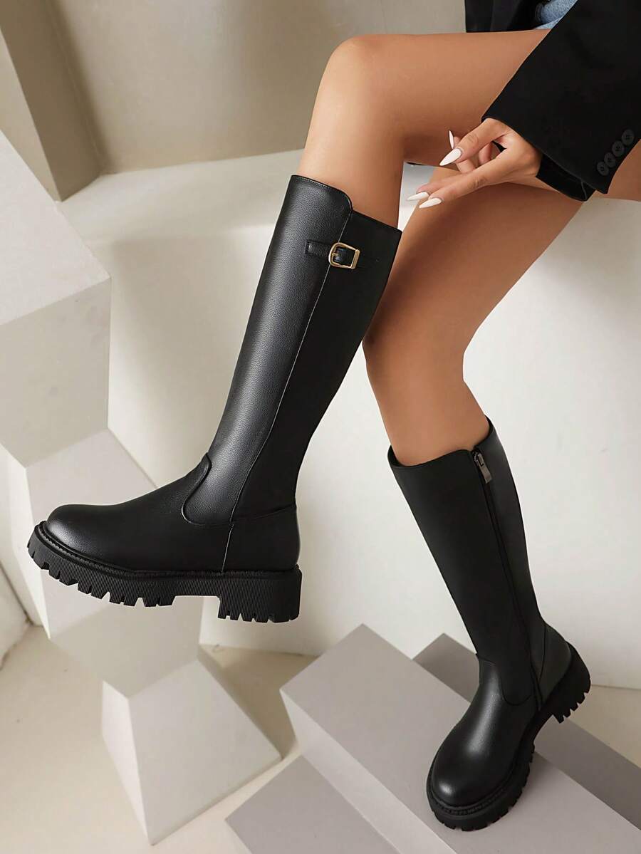 女士黑色皮质修身时尚靴，休闲修身皮靴，西部牛仔靴，时尚休闲骑马靴 - 黑色 - 查看 1