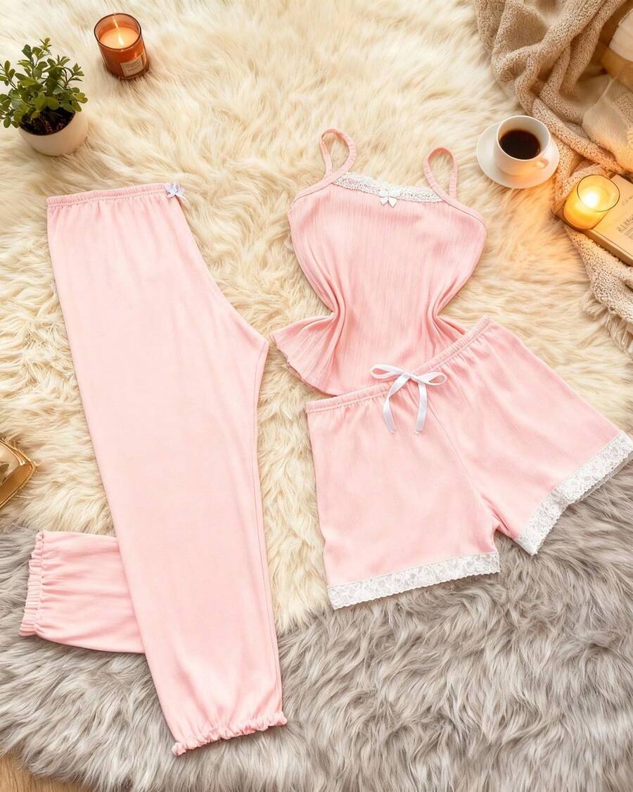 Women's 3-Piece Trio Pajama Set: Tank Top, Shorts, And Pants. Comfortable Ribbed Fabric. - 粉色 - 查看 1