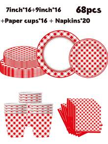 100/80/68/10 Set, Red And White Checkered Stripes, Disposable Party Plates, Paper Plates. Includes 7-Inch Plates, 9-Inch Plates, Paper Cups And Paper Towel Sets. Suitable For Multiple People, Disposable Tea Cups, Disposable Coffee Cups, Picnic Supplies, Birthday Parties, Camping, Decoration And Celebration Activities. Party Gifts, Bridal Gift Giving Event, Red, Red And White Stripes, Red And White Checks, Disposable Paper Plates. - 彩色 - 查看 11