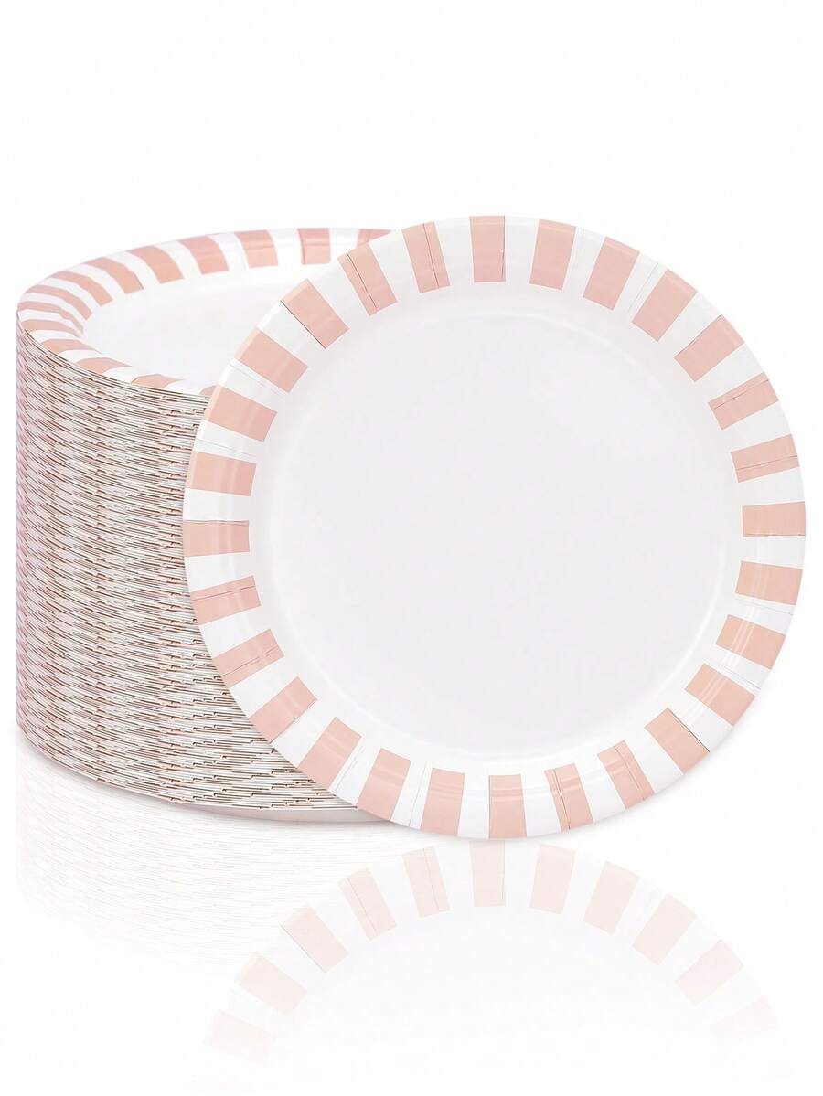 10pcs/20pcs/50pcs Pink Striped Paper Plates 9 Inch Disposable Pink White Stripe Paper Platters Pastel Striped Carnival Dessert Plates For Birthday Bridal Baby Shower Wedding Lunch Dinner Party Decorations - 彩色 - 查看 1