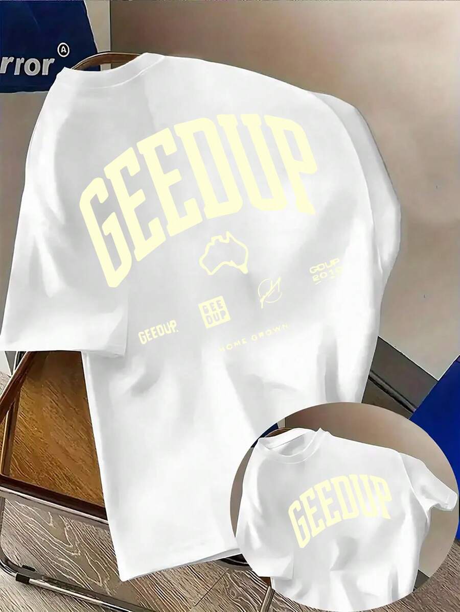 Men's Casual 'GEEDUP' Graphic T-Shirt -  Front Double-Sided Print, Lightweight And Elastic, Regular Fit, Perfect For Casual Wear, Essential For All Seasons - 白色 - 查看 1