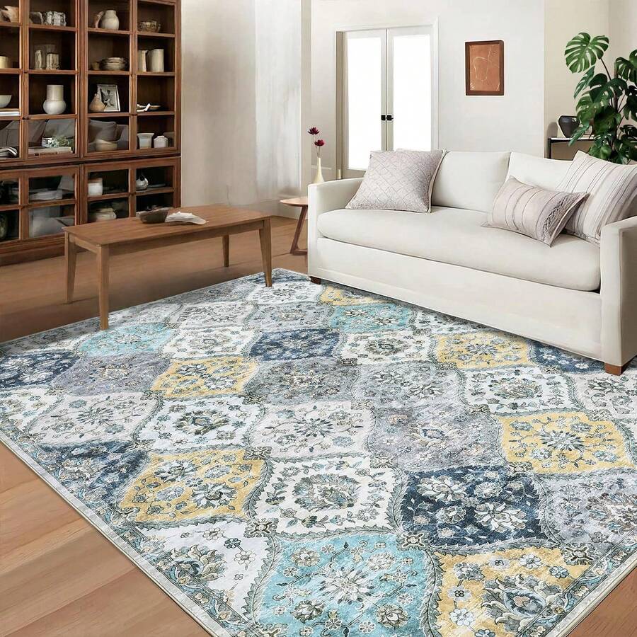Hodeffior Washable Vintage Area Rugs 120x170cm, Traditional Living Room Rug, Non-Slip Floral Print Carpet For Bedroom, Foldable Short Pile Indoor Mat For Dining Room - Blue Yellow - View 1