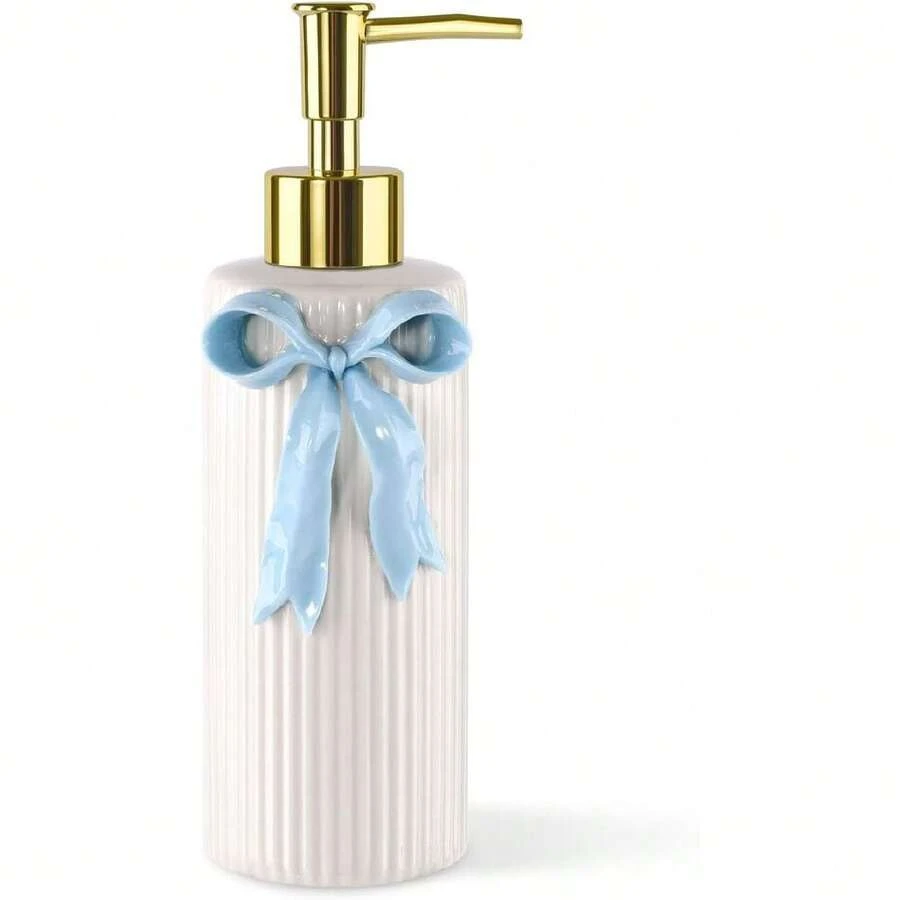 Hanade Ceramic Bow Soap Pump Dispenser Hand Lotion Liquid Dispenser Refillable For Kitchen And Bathroom Drative (Ribbon Blue),27473226 - 藍白色 - View 1
