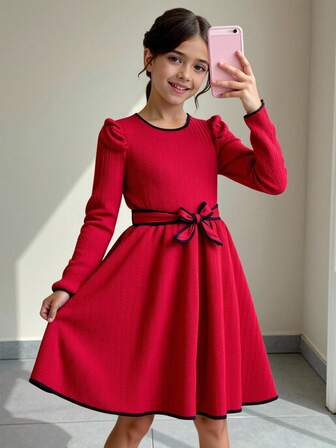 青少年女孩拼布撞色羊腿袖连衣裙（配腰带）